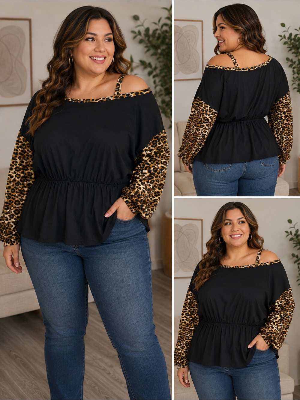 🖤 SHEIN CURVE 3X Black & Leopard Print Off-Shoulder Top